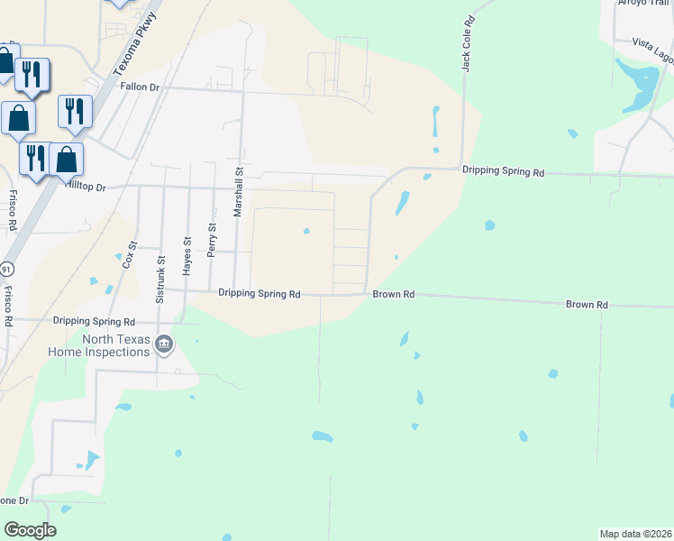 map of restaurants, bars, coffee shops, grocery stores, and more near 3001 Dripping Springs Road in Sherman