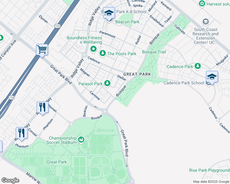map of restaurants, bars, coffee shops, grocery stores, and more near 156 Catalyst in Irvine