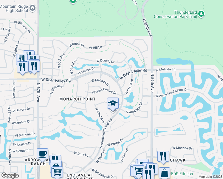 map of restaurants, bars, coffee shops, grocery stores, and more near 6254 West Melinda Lane in Glendale