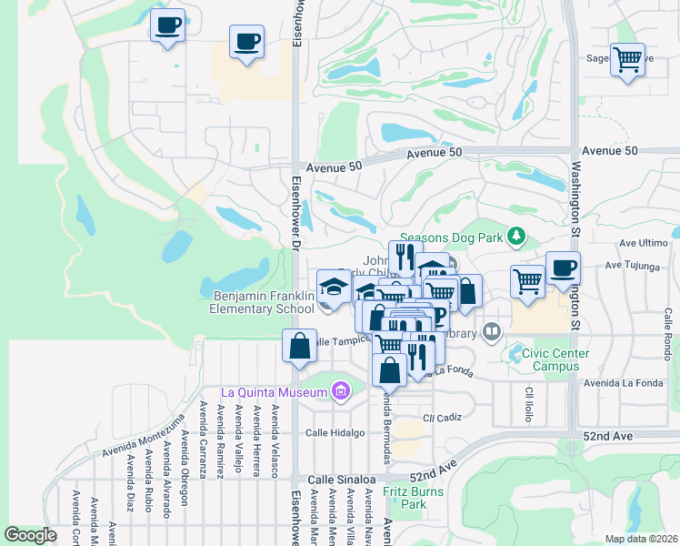 map of restaurants, bars, coffee shops, grocery stores, and more near 77770 Concha Court in La Quinta