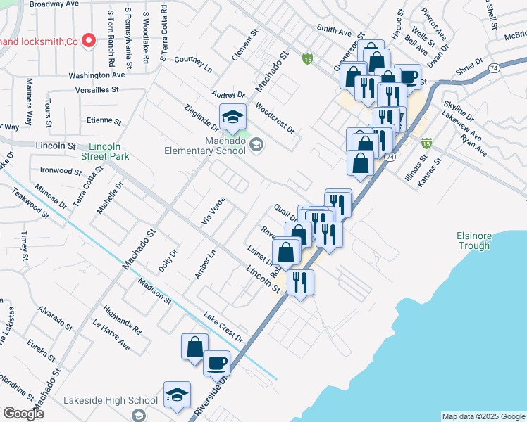 map of restaurants, bars, coffee shops, grocery stores, and more near 685 Quail Drive in Lake Elsinore