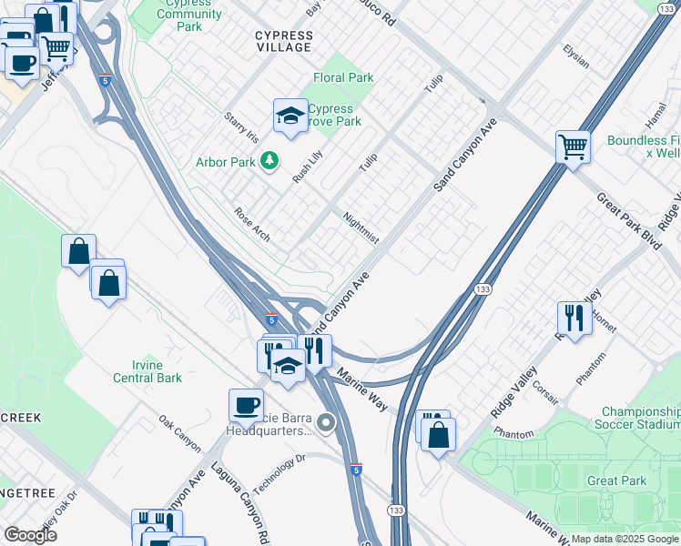 map of restaurants, bars, coffee shops, grocery stores, and more near 51 Bronze Leaf in Irvine