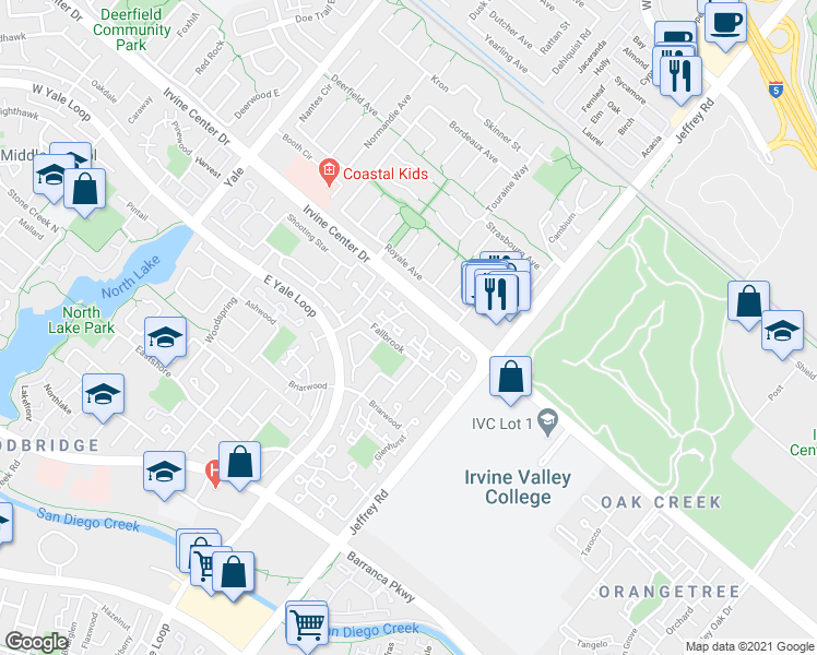 map of restaurants, bars, coffee shops, grocery stores, and more near 57 Ashbrook in Irvine