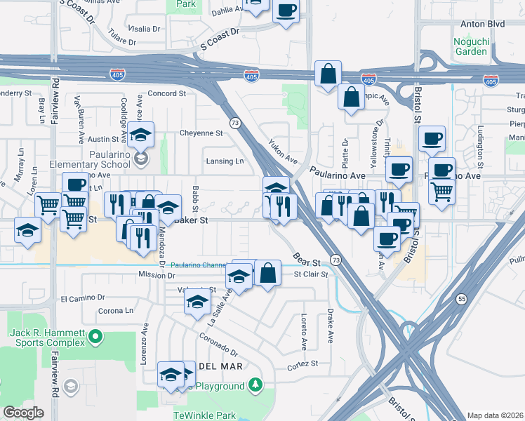map of restaurants, bars, coffee shops, grocery stores, and more near 912 Lombard Court in Costa Mesa