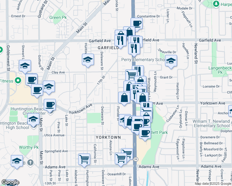 map of restaurants, bars, coffee shops, grocery stores, and more near 2625 Florida Street in Huntington Beach