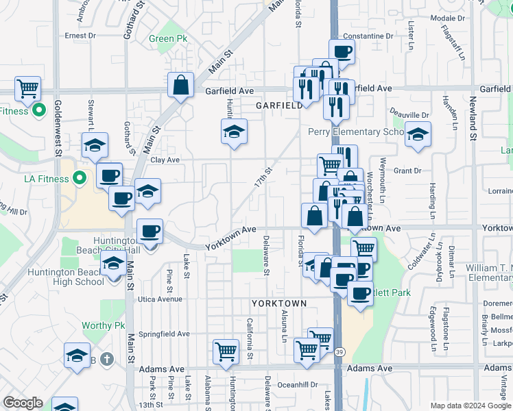 map of restaurants, bars, coffee shops, grocery stores, and more near 2628 Delaware Street in Huntington Beach