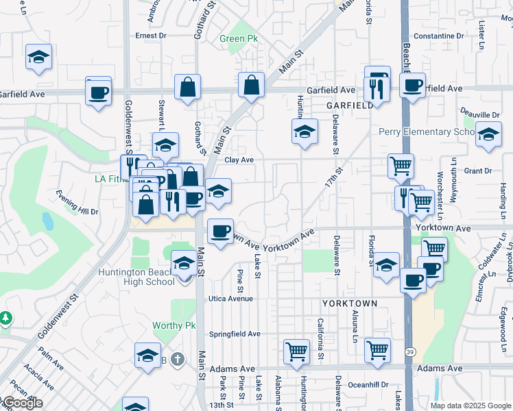 map of restaurants, bars, coffee shops, grocery stores, and more near 7492 Seabluff Drive in Huntington Beach