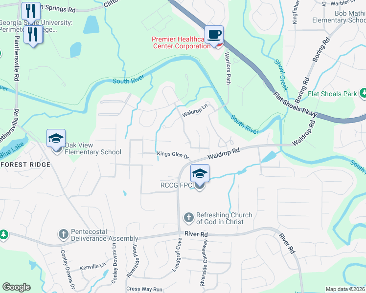 map of restaurants, bars, coffee shops, grocery stores, and more near 3203 Kingswood Place in Decatur