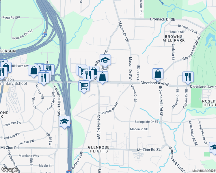 map of restaurants, bars, coffee shops, grocery stores, and more near 88 Cleveland Avenue Southwest in Atlanta