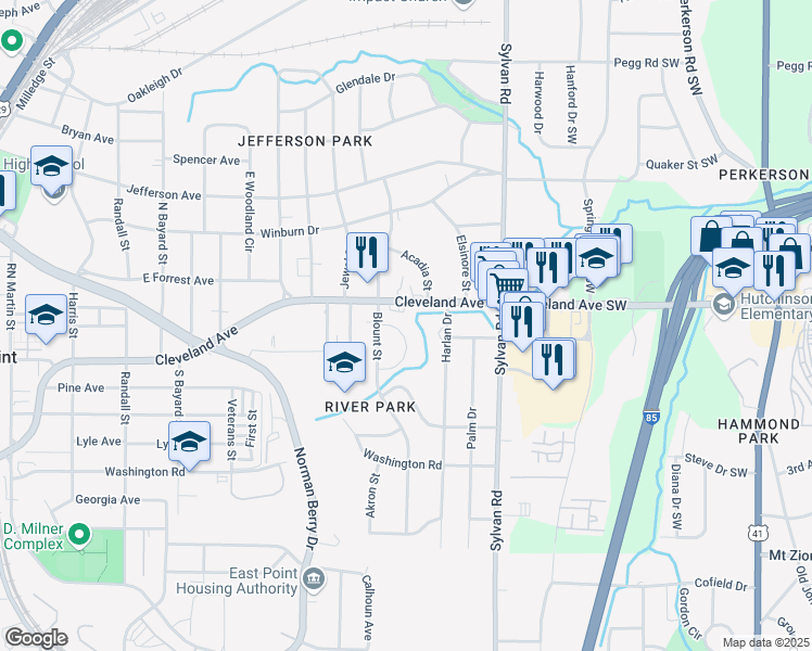 map of restaurants, bars, coffee shops, grocery stores, and more near 2726 Miles Circle in East Point