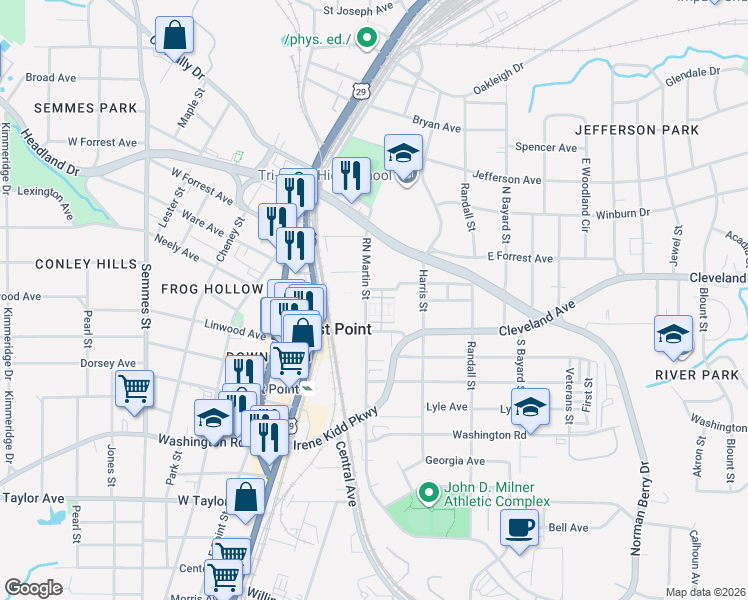 map of restaurants, bars, coffee shops, grocery stores, and more near 2718 RN Martin Street in East Point