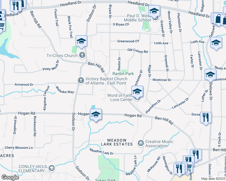 map of restaurants, bars, coffee shops, grocery stores, and more near 2534 Ben Hill Road in East Point