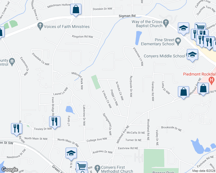 map of restaurants, bars, coffee shops, grocery stores, and more near 1382 Peggy Lane Northwest in Conyers