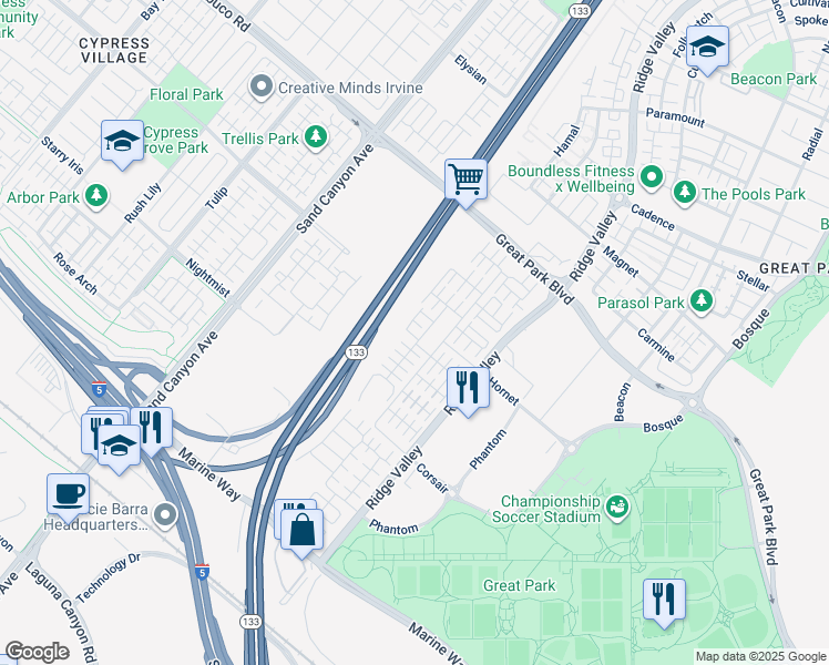 map of restaurants, bars, coffee shops, grocery stores, and more near 141 Augustine in Irvine