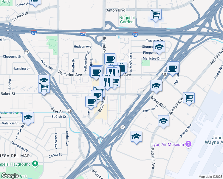 map of restaurants, bars, coffee shops, grocery stores, and more near 688 Baker Street in Costa Mesa