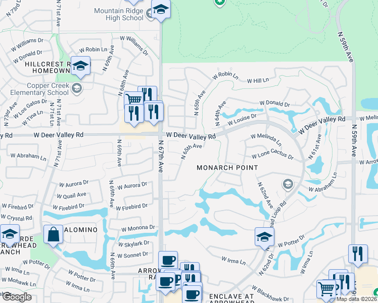 map of restaurants, bars, coffee shops, grocery stores, and more near 21525 North 65th Avenue in Glendale