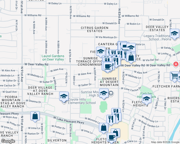map of restaurants, bars, coffee shops, grocery stores, and more near 21742 North 85th Drive in Peoria