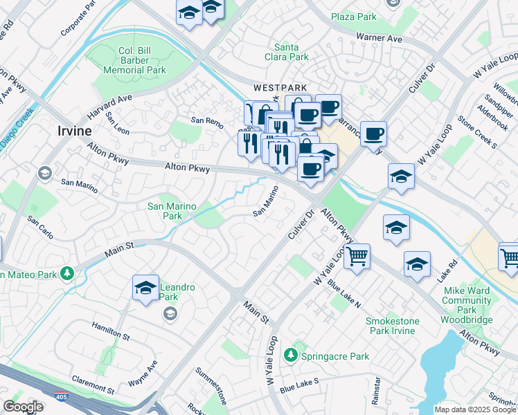 map of restaurants, bars, coffee shops, grocery stores, and more near Adagio in Irvine