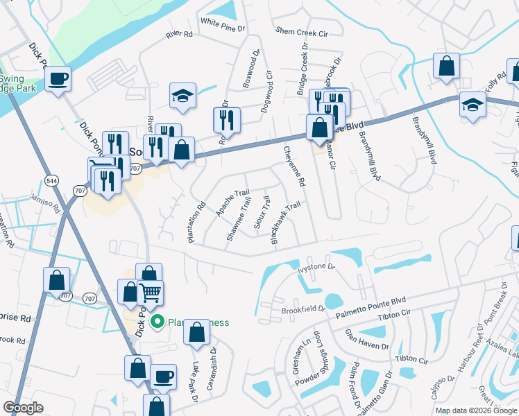 map of restaurants, bars, coffee shops, grocery stores, and more near 4 Sioux Trail in Myrtle Beach