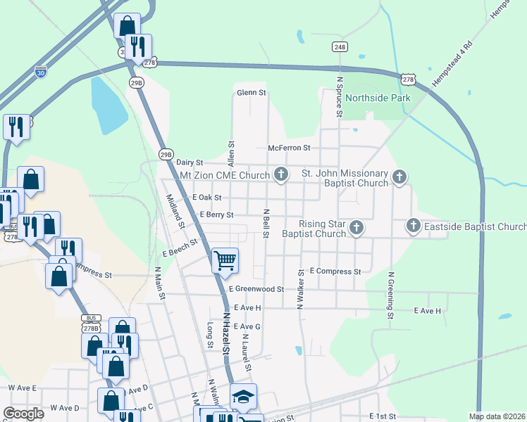 map of restaurants, bars, coffee shops, grocery stores, and more near 705 East Oak Street in Hope