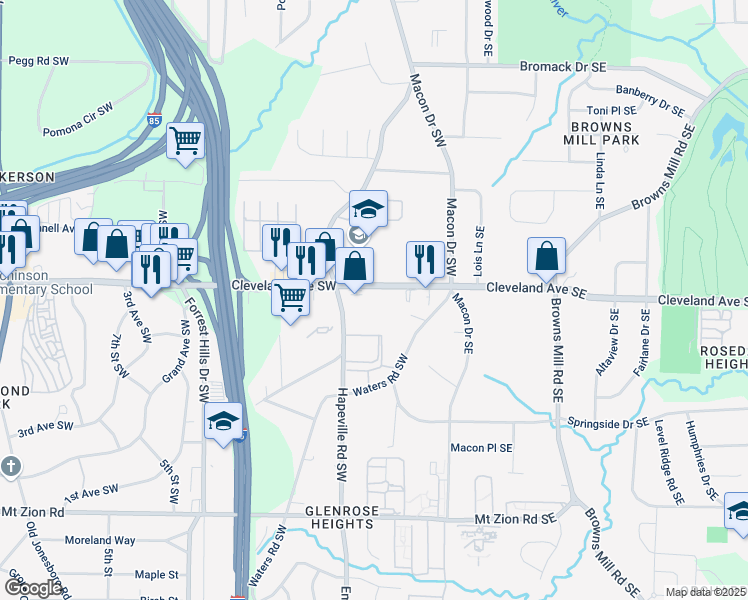 map of restaurants, bars, coffee shops, grocery stores, and more near 88 Cleveland Avenue Southwest in Atlanta