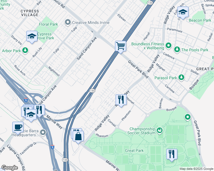 map of restaurants, bars, coffee shops, grocery stores, and more near 143 Augustine in Irvine