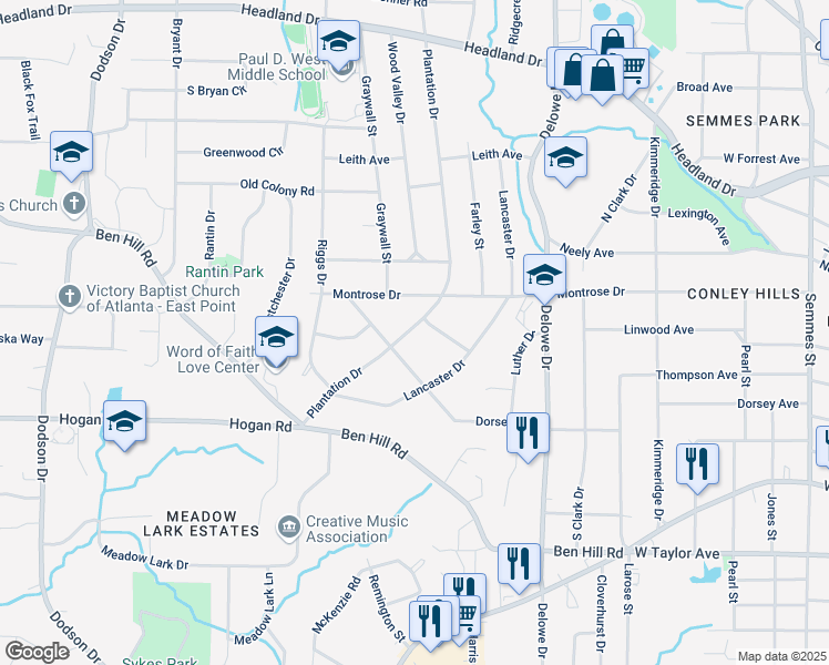 map of restaurants, bars, coffee shops, grocery stores, and more near 2739 Plantation Drive in East Point