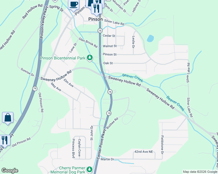map of restaurants, bars, coffee shops, grocery stores, and more near 4163 Alabama 75 in Birmingham