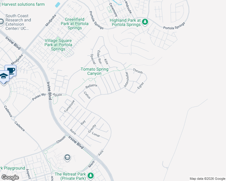 map of restaurants, bars, coffee shops, grocery stores, and more near 73 Einstein Way in Irvine