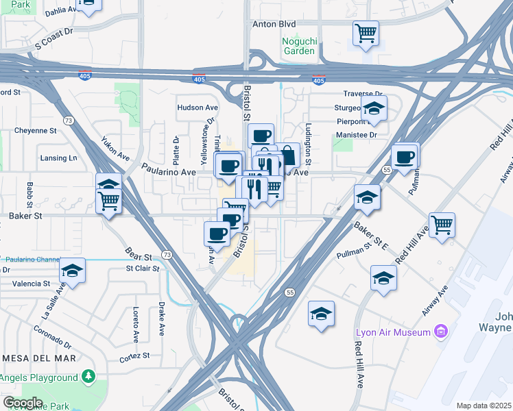 map of restaurants, bars, coffee shops, grocery stores, and more near 688 Baker Street in Costa Mesa
