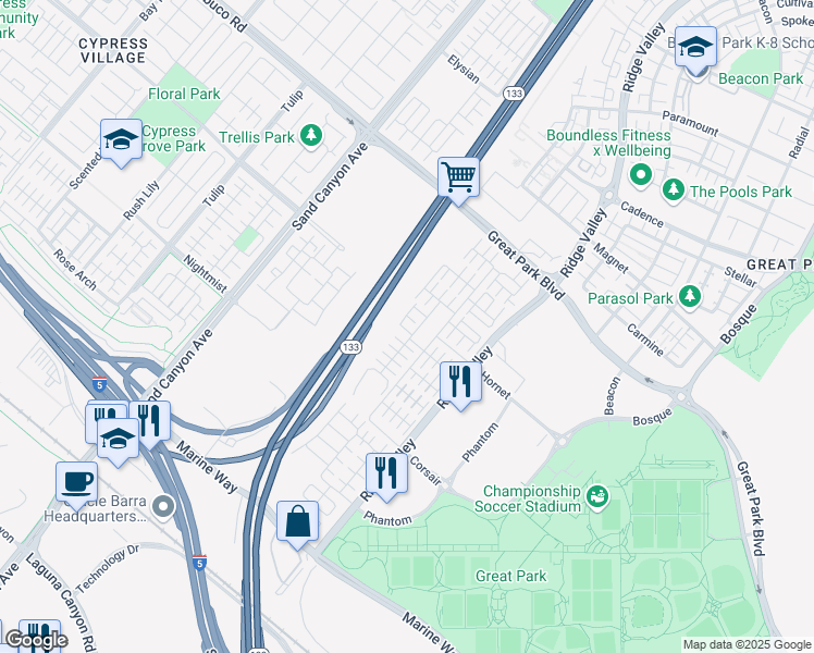 map of restaurants, bars, coffee shops, grocery stores, and more near 141 Augustine in Irvine
