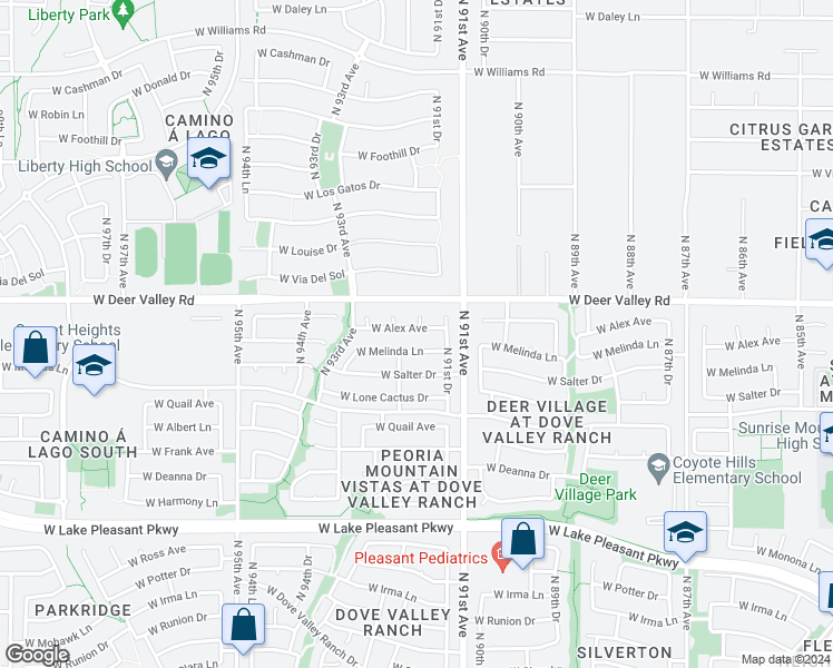 map of restaurants, bars, coffee shops, grocery stores, and more near 9163 West Alex Avenue in Peoria