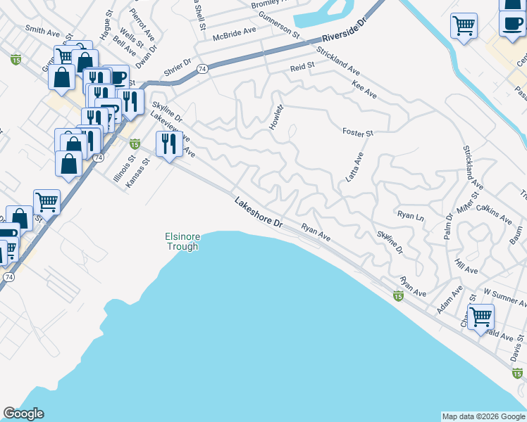 map of restaurants, bars, coffee shops, grocery stores, and more near 17373 Ryan Avenue in Lake Elsinore