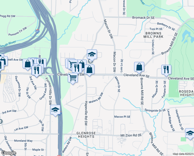 map of restaurants, bars, coffee shops, grocery stores, and more near 90 Cleveland Avenue Southwest in Atlanta