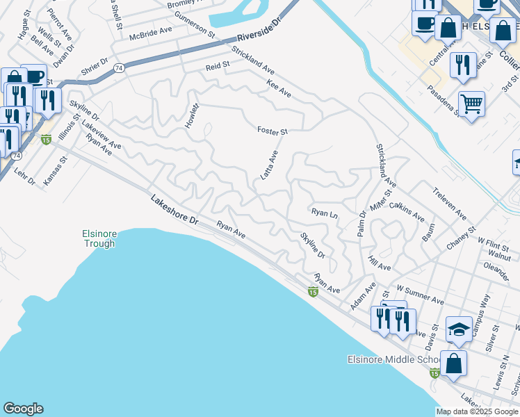 map of restaurants, bars, coffee shops, grocery stores, and more near Skyline Drive in Lake Elsinore