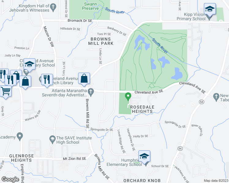 map of restaurants, bars, coffee shops, grocery stores, and more near 2721 Fairlane Drive Southeast in Atlanta