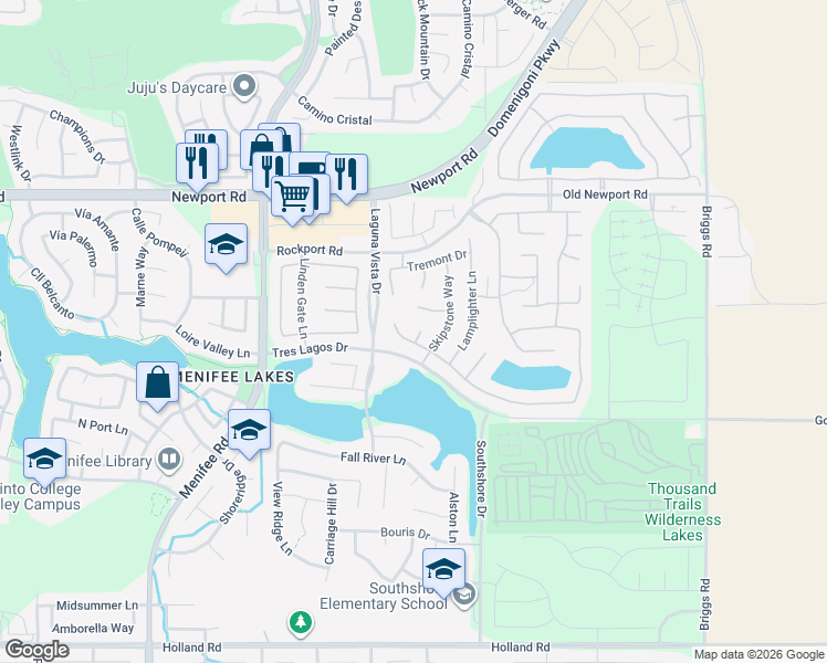 map of restaurants, bars, coffee shops, grocery stores, and more near 30357 Dawnridge Court in Menifee