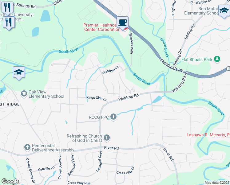 map of restaurants, bars, coffee shops, grocery stores, and more near 3490 Kingswood Trail in Decatur