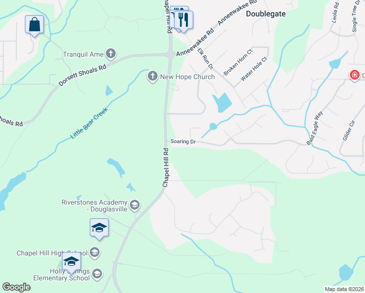 map of restaurants, bars, coffee shops, grocery stores, and more near 4235 Soaring Drive in Douglasville