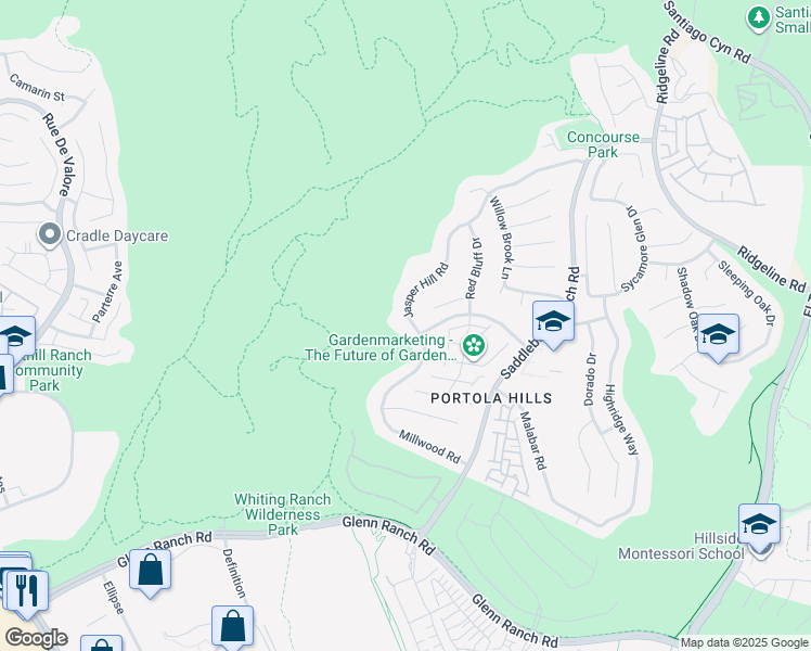 map of restaurants, bars, coffee shops, grocery stores, and more near 19361 Jasper Hill Road in Trabuco Canyon