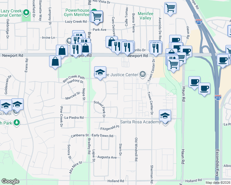 map of restaurants, bars, coffee shops, grocery stores, and more near 30254 Twain Drive in Menifee