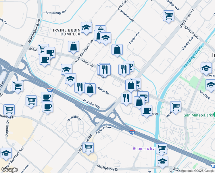 map of restaurants, bars, coffee shops, grocery stores, and more near 2541 White Road in Irvine