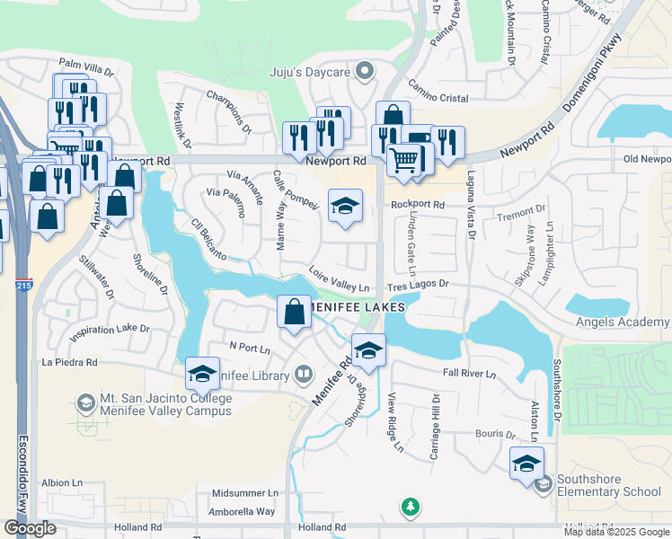 map of restaurants, bars, coffee shops, grocery stores, and more near 28915 Biarritz Court in Menifee