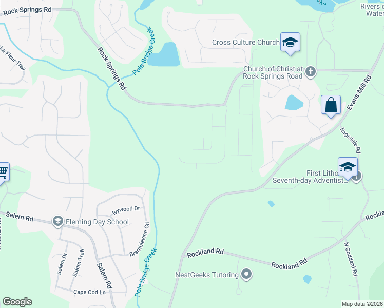 map of restaurants, bars, coffee shops, grocery stores, and more near 6145 Rock Springs Road in Stonecrest