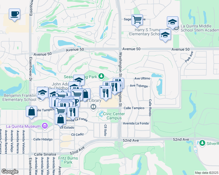 map of restaurants, bars, coffee shops, grocery stores, and more near 50-701 Washington Street in La Quinta