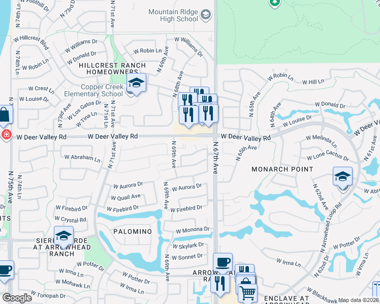 map of restaurants, bars, coffee shops, grocery stores, and more near 21703 North 67th Lane in Glendale