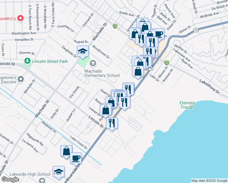 map of restaurants, bars, coffee shops, grocery stores, and more near 16521 Joy Street in Lake Elsinore