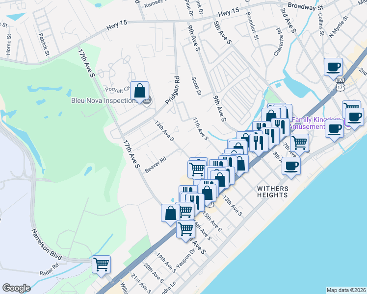 map of restaurants, bars, coffee shops, grocery stores, and more near 800 13th Avenue South in Myrtle Beach