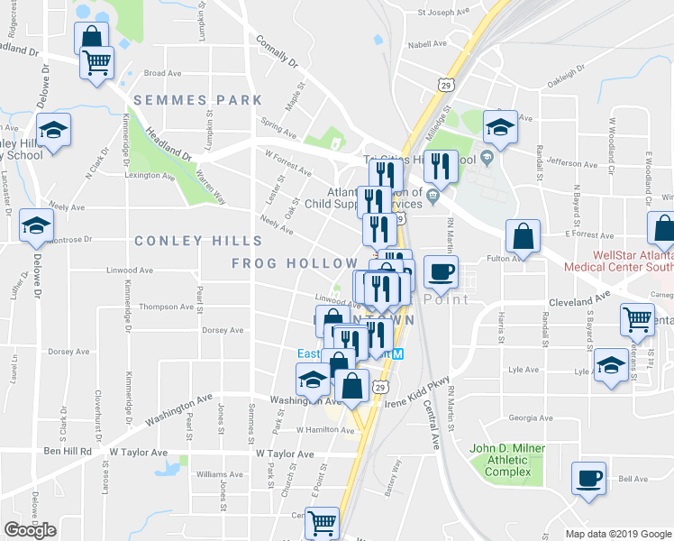 map of restaurants, bars, coffee shops, grocery stores, and more near 2737 Church Street in Atlanta