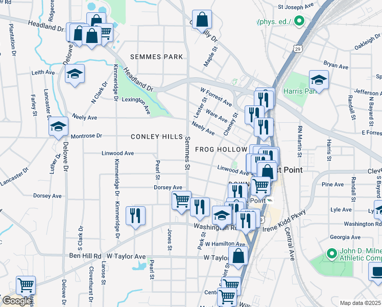 map of restaurants, bars, coffee shops, grocery stores, and more near 2734 Semmes Street in East Point
